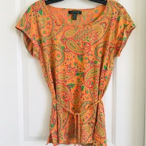 LAUREN RALPH LAUREN paisley cap sleeve top with belt size XS extra small